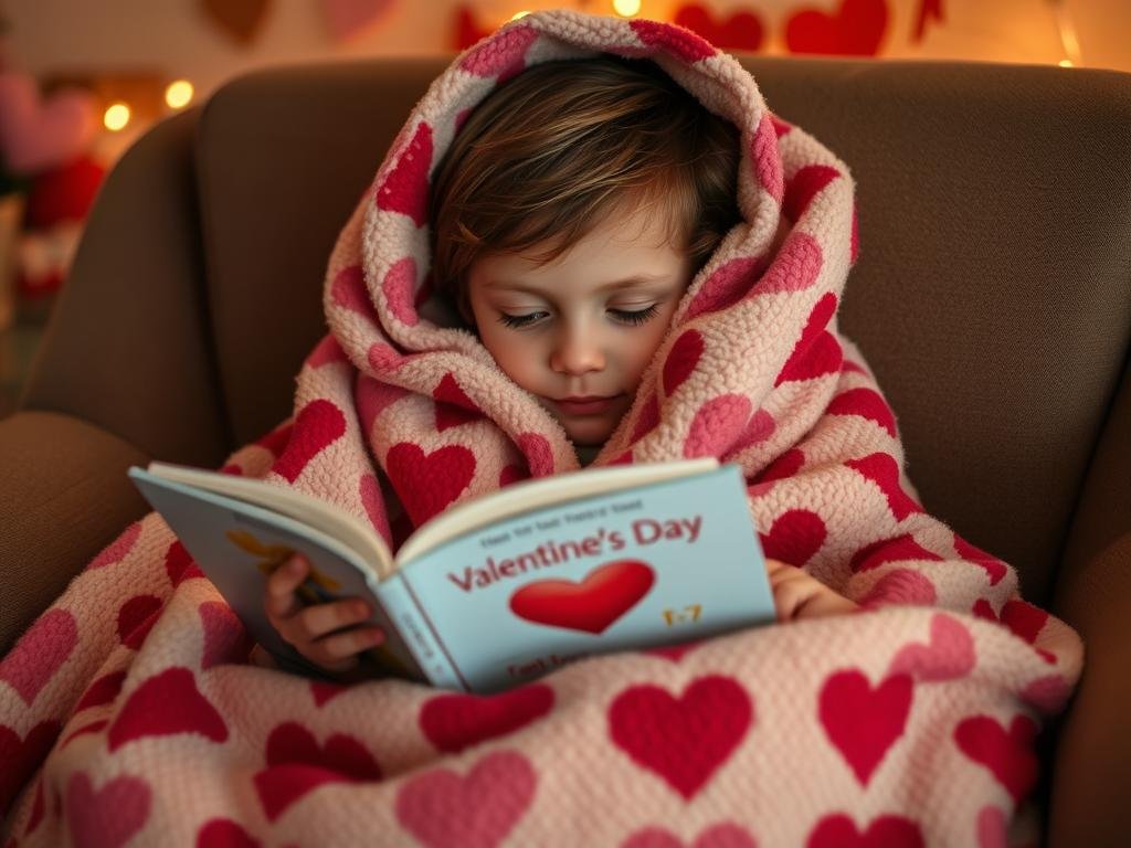 Child wrapped in a soft heart-patterned blanket reading a Valentine's book