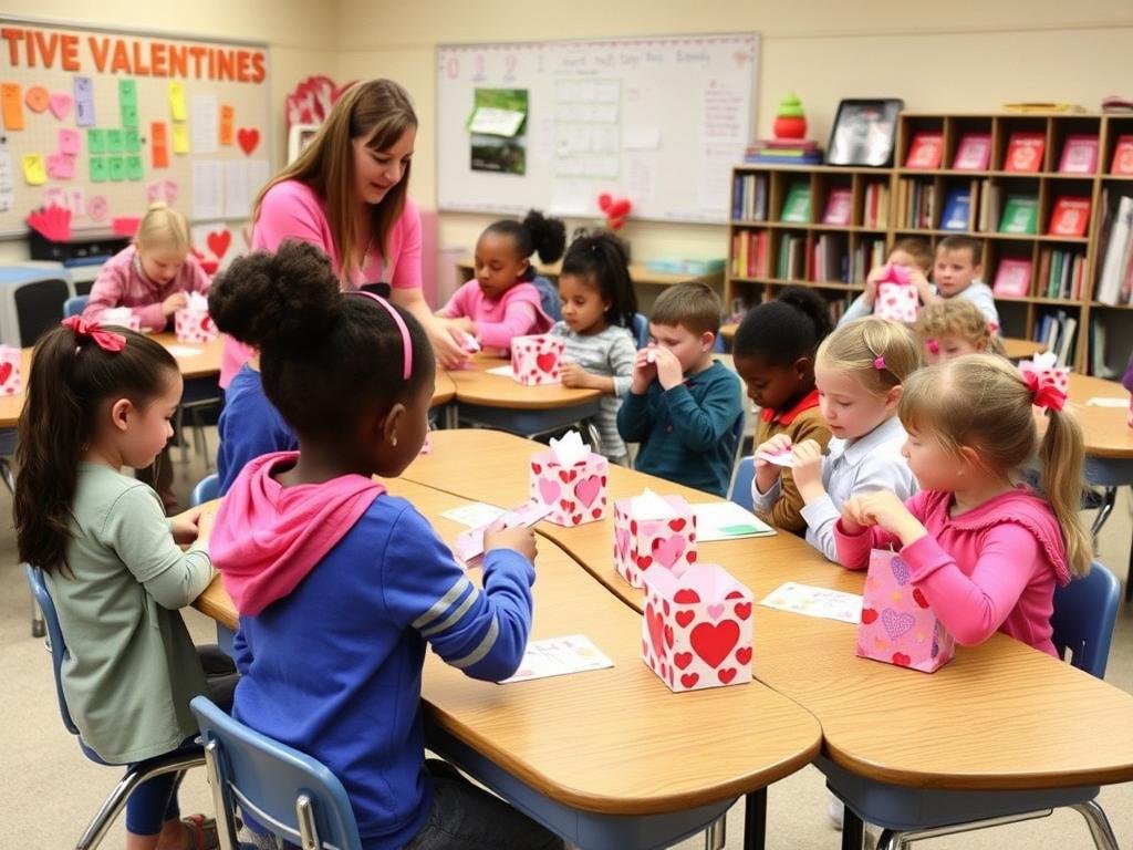 Children exchanging school valentines day gifts following proper etiquette