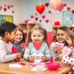Children exchanging school valentines day gifts in a classroom decorated with hearts