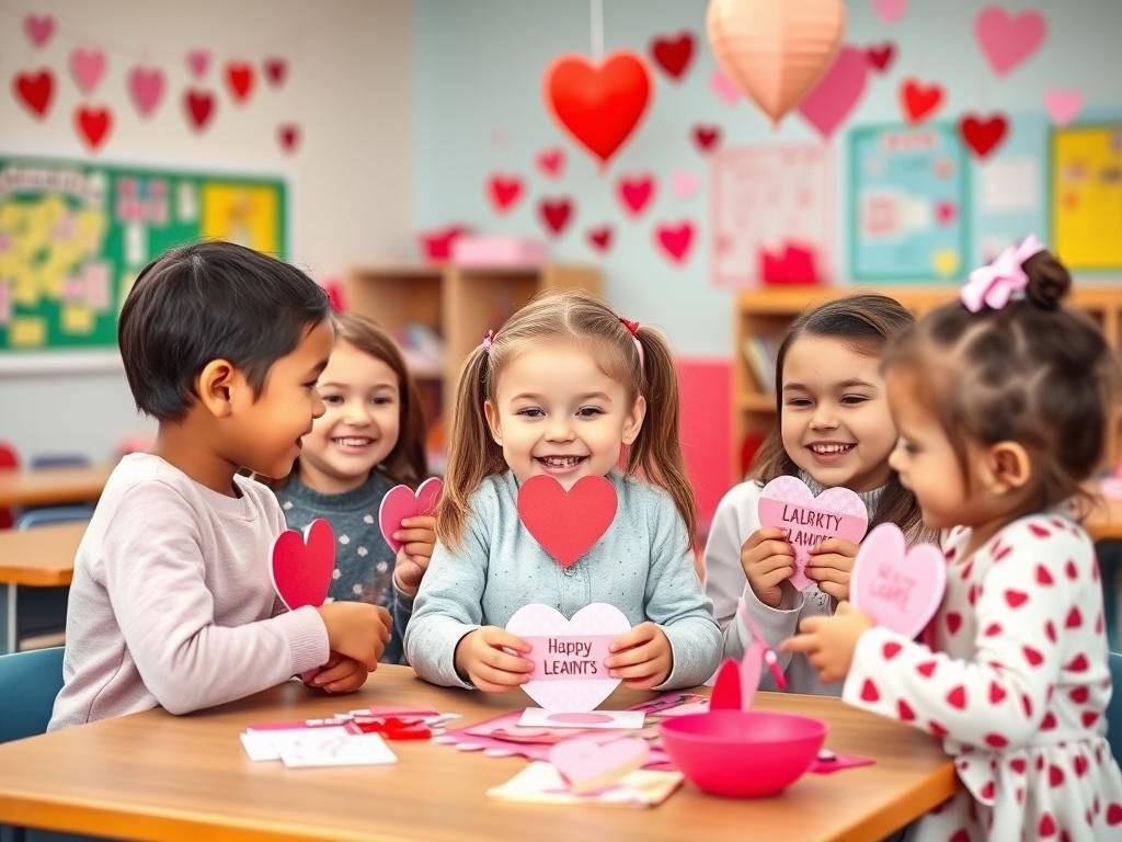 Children exchanging school valentines day gifts in a classroom decorated with hearts