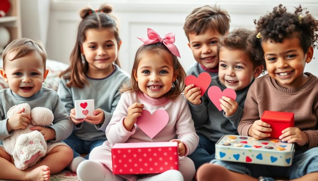 Children of different ages enjoying age-appropriate Valentine's gifts
