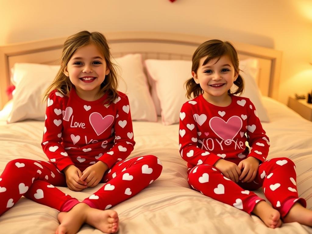 Children wearing matching Valentine's themed pajamas with hearts and love messages