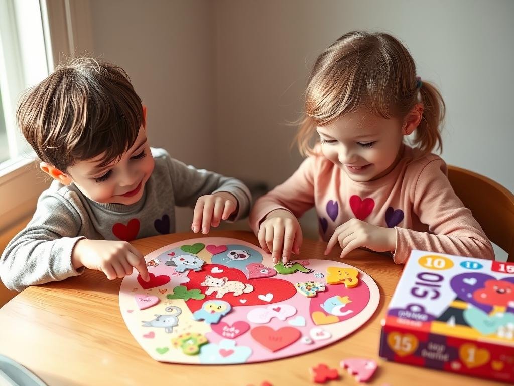 Children working on a heart-shaped puzzle with Valentine's theme