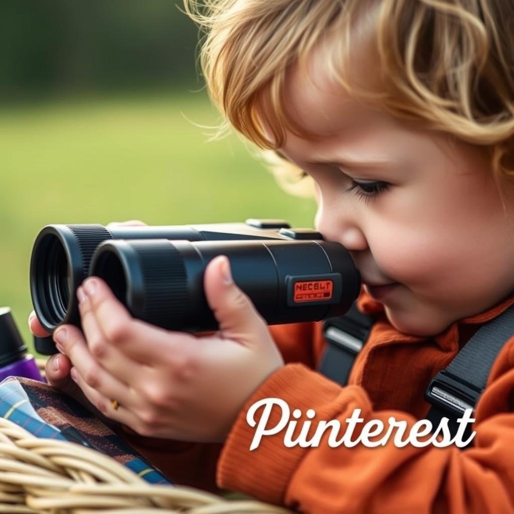 Close-up of a child using binoculars and exploration tools from an outdoor adventure gift basket