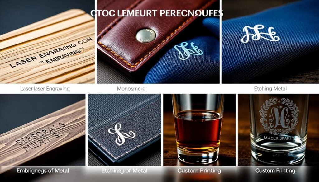 Close-up of various personalization techniques for groomsmen gifts