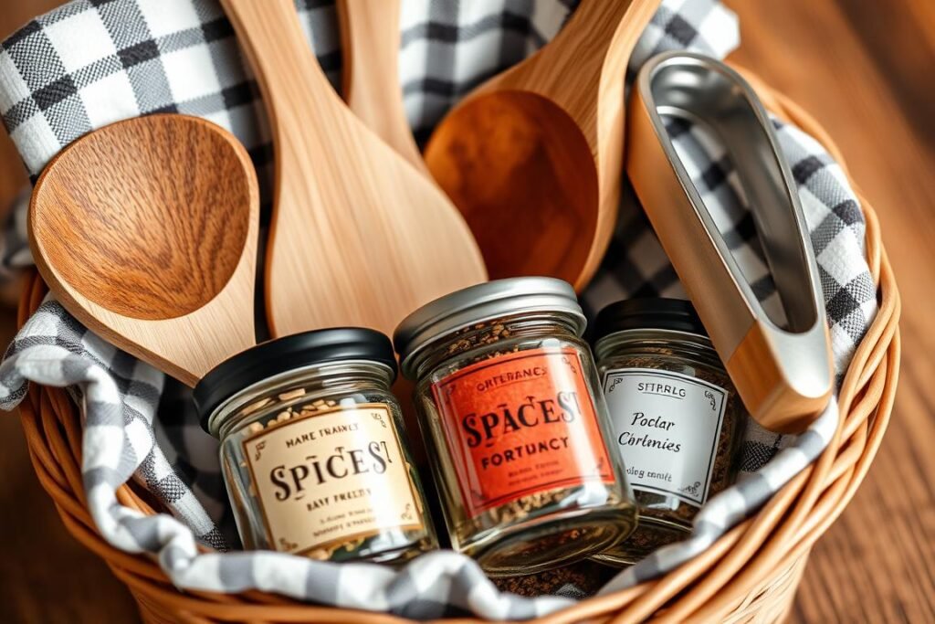 Close-up of wooden kitchen utensils and spice jars in a gift basket