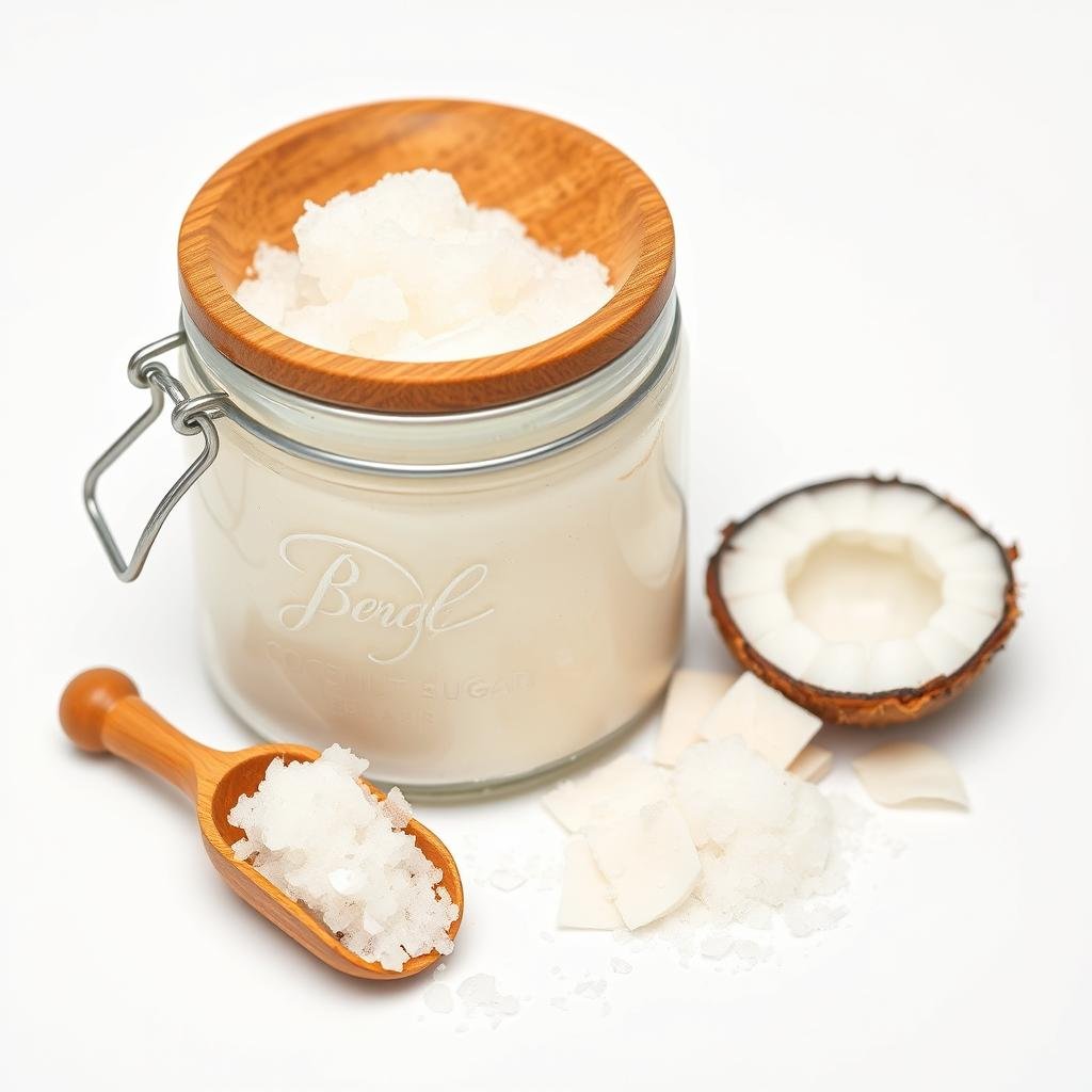 Coconut sugar scrub in a glass jar with wooden scoop