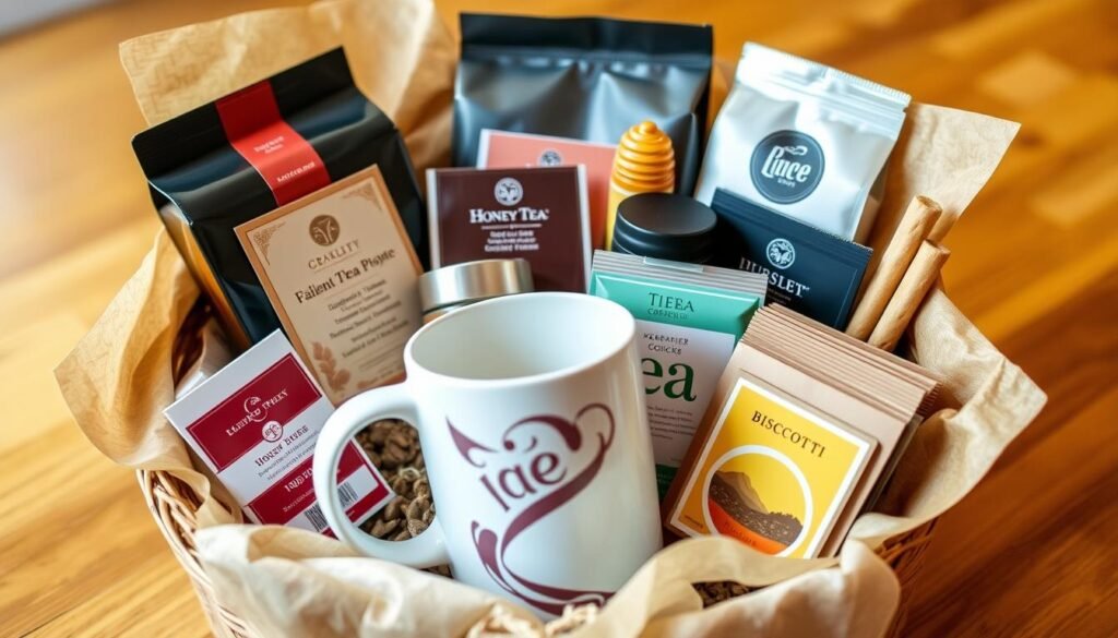 Coffee and tea gift basket with assorted items including mugs, coffee beans, and tea varieties
