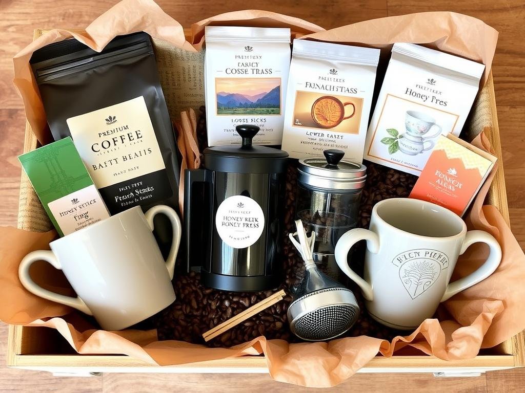 Coffee and tea gift basket with mugs, premium coffee beans, and tea varieties