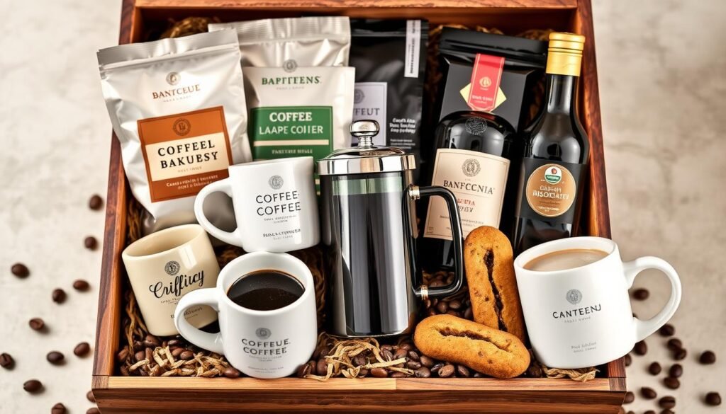 Coffee gift basket with beans, mugs, and accessories arranged in a wooden box