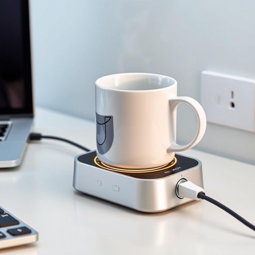 Coffee mug warmer plugged in on an office desk keeping coffee warm