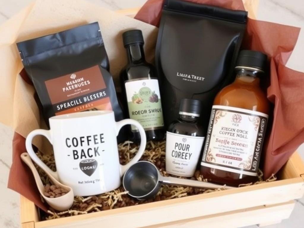 Coffee themed gift basket with beans, mug, and accessories