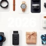 Collage of trendy gifts for 2026 including tech wearables, sustainable luxury items, and personalized experiences