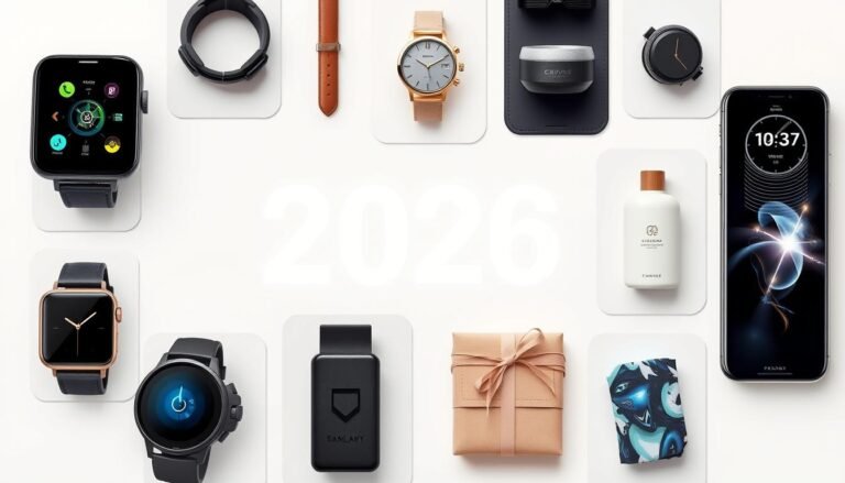 Collage of trendy gifts for 2026 including tech wearables, sustainable luxury items, and personalized experiences