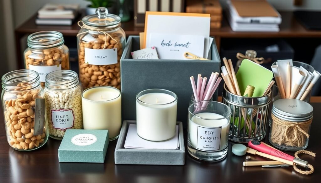 Collection of DIY office gifts with handmade elements and personalized touches
