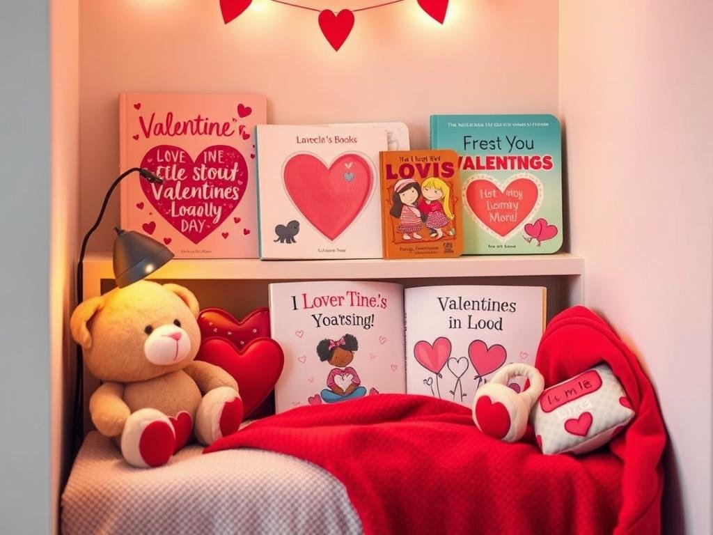 Collection of Valentine's themed children's books with plush reading buddy