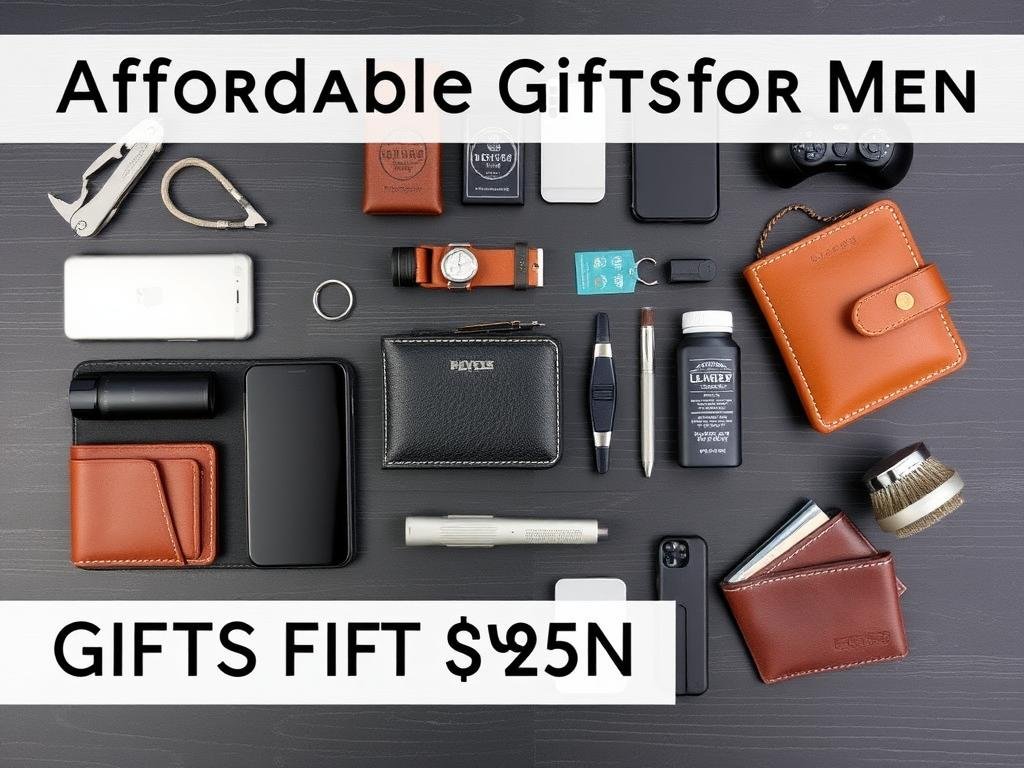 Collection of affordable gifts for men including tech gadgets, tools, and accessories
