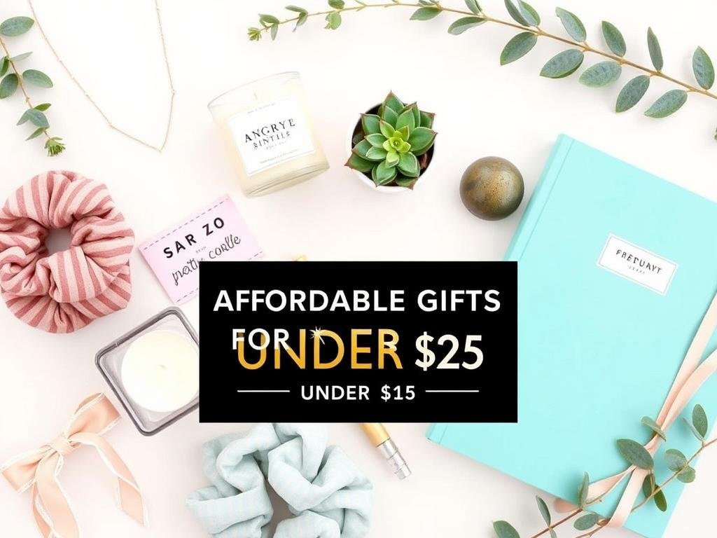 Collection of affordable gifts for women including jewelry, bath products, and accessories