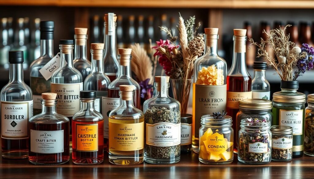 Collection of artisanal bitters, syrups, and infusions for mixologists