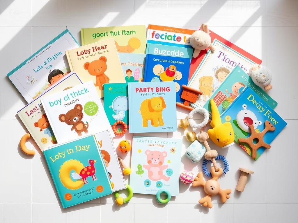 Collection of baby books and developmental toys arranged attractively
