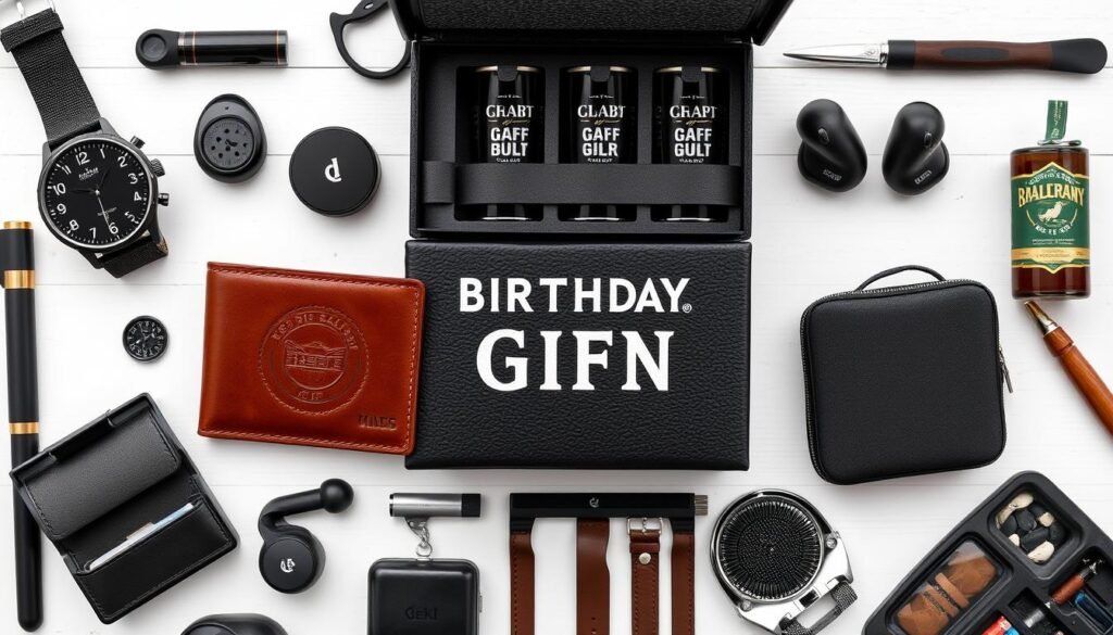 Collection of birthday gift ideas for men including tech gadgets, grooming kits, and hobby-related items