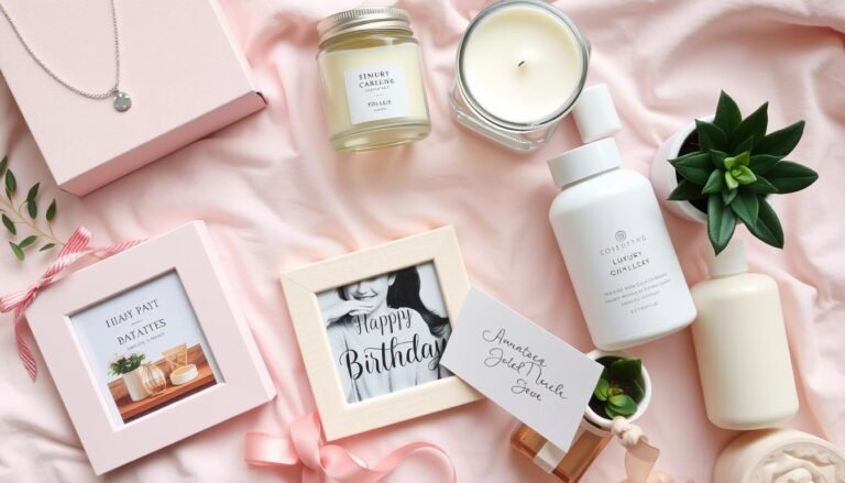 Collection of birthday gift ideas for women including jewelry, self-care items, and personalized gifts