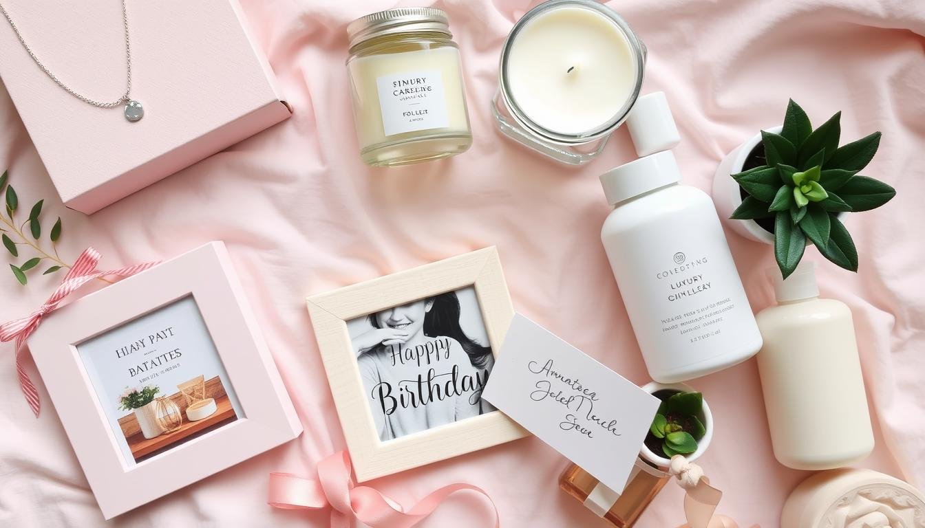 Collection of birthday gift ideas for women including jewelry, self-care items, and personalized gifts