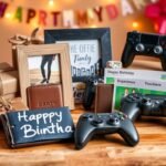 Collection of birthday gifts for boyfriend including tech gadgets, personalized items, and experience gifts