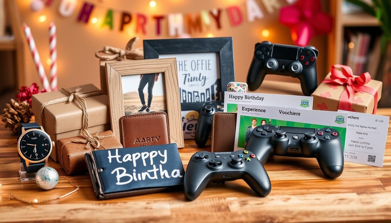 Collection of birthday gifts for boyfriend including tech gadgets, personalized items, and experience gifts