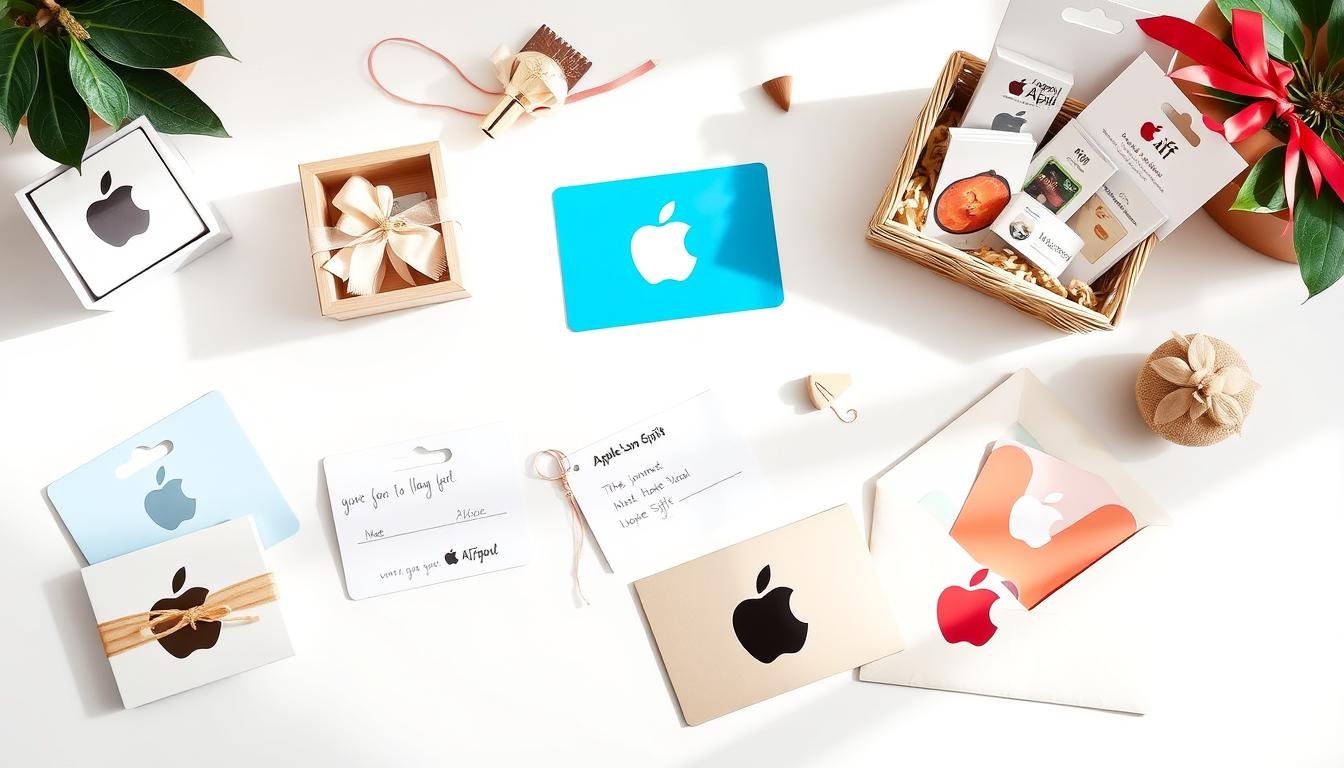 Collection of creative apple gift card presentation ideas including gift boxes, themed baskets, and personalized notes