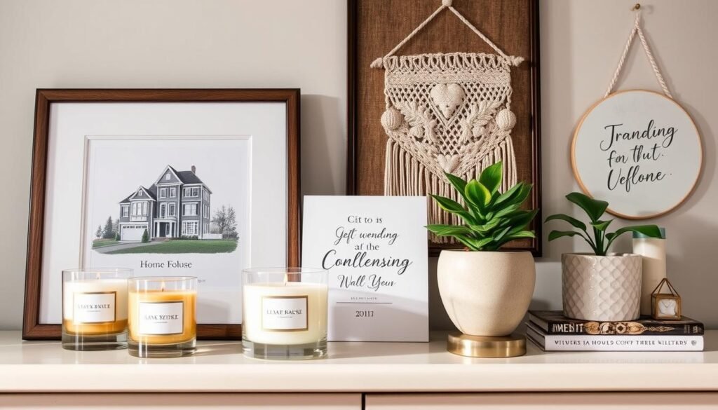 Collection of decorative housewarming gifts including frames, candles and art