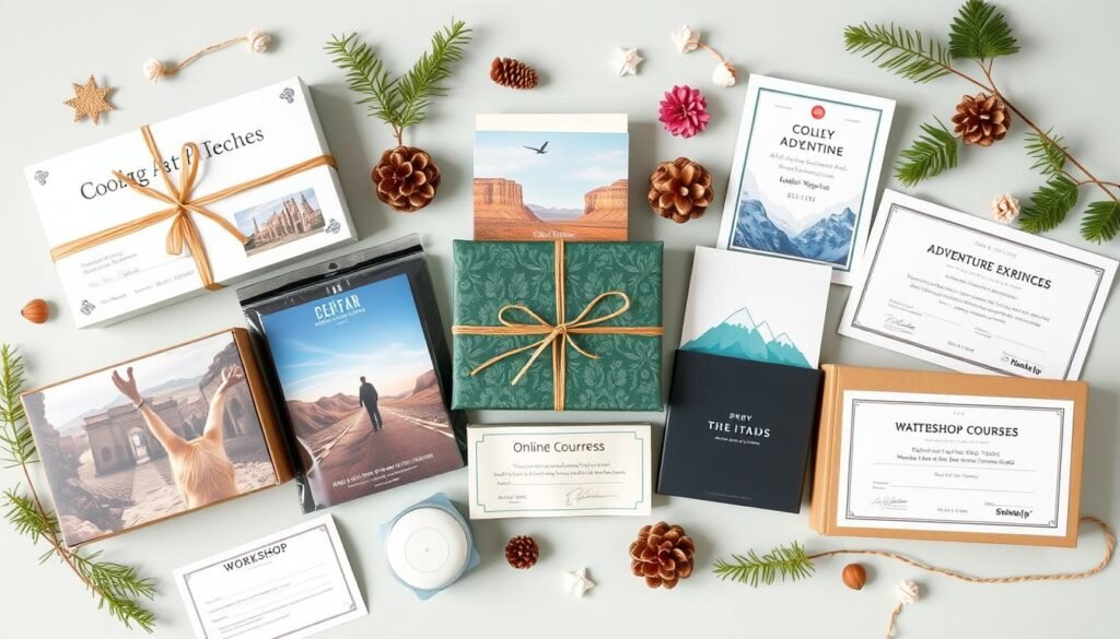 Collection of experience gift ideas for millennials including cooking class vouchers, adventure experiences, and subscription boxes