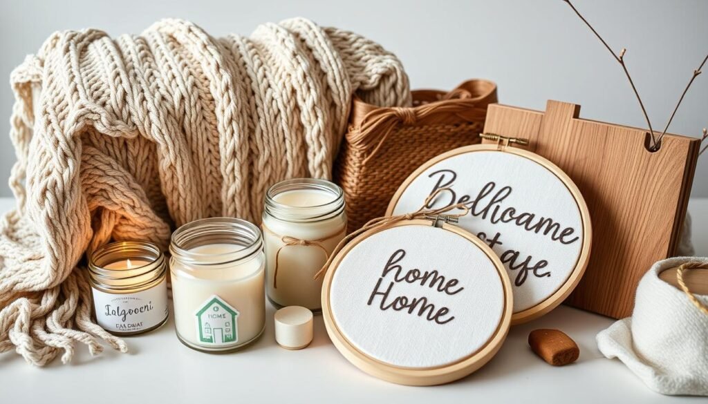 Collection of handmade housewarming gifts including crafts and DIY items