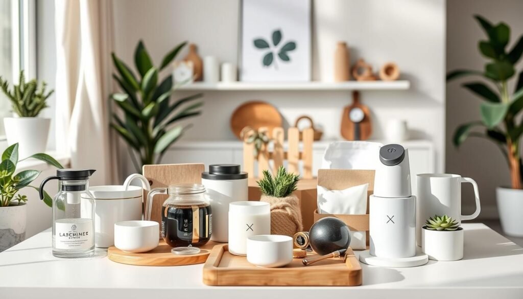 Collection of home and lifestyle gifts for millennials including kitchen gadgets, home decor, and wellness items