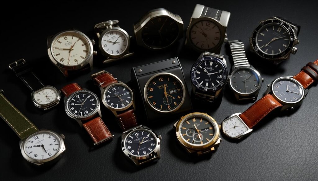Collection of modern timepiece 1 year anniversary gifts for him including watches and clocks