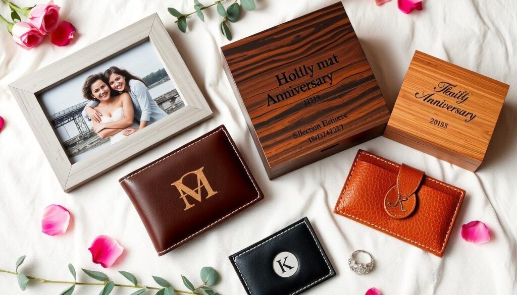 Collection of personalized 1 year anniversary gifts including engraved items and custom photo gifts