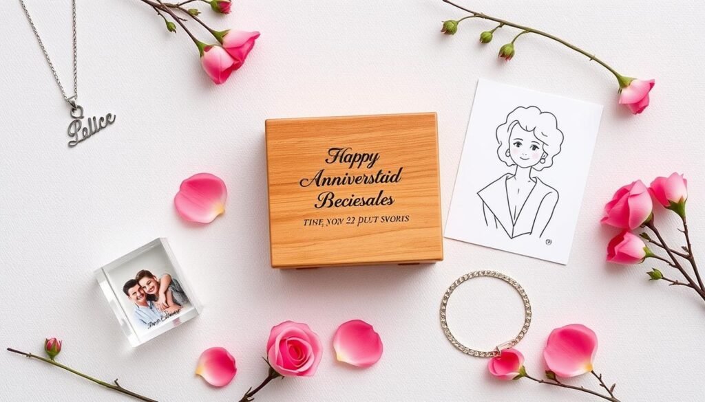 Collection of personalized anniversary gifts including custom jewelry, photo items, and engraved pieces