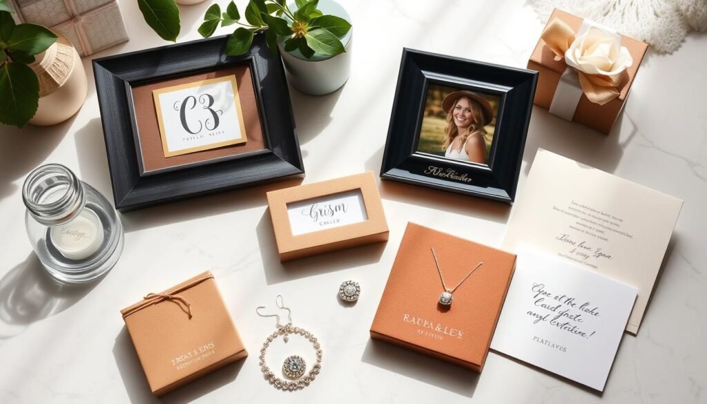 Collection of personalized gifts including monogrammed items and custom photo frames, thoughtful gift ideas for women