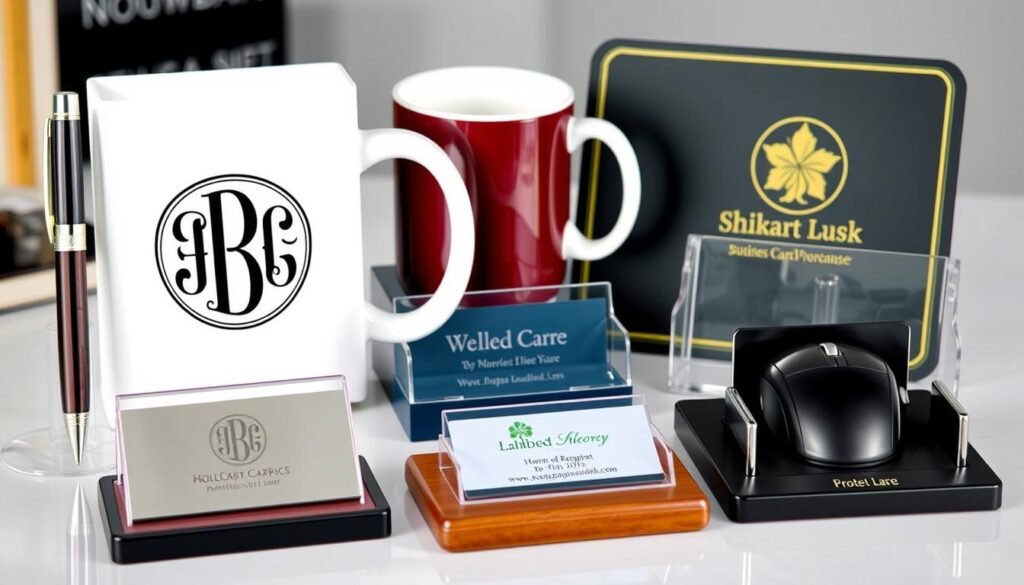Collection of personalized office gifts including monogrammed items and custom accessories