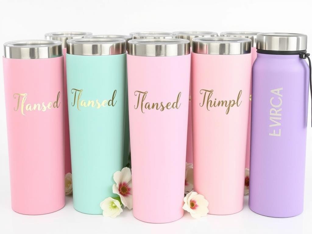 Collection of personalized tumblers and water bottles for bridesmaids in various colors with names