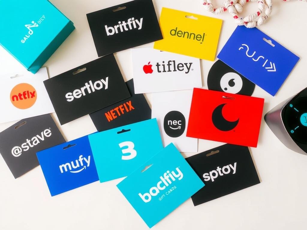 Collection of popular streaming service logos and gift cards