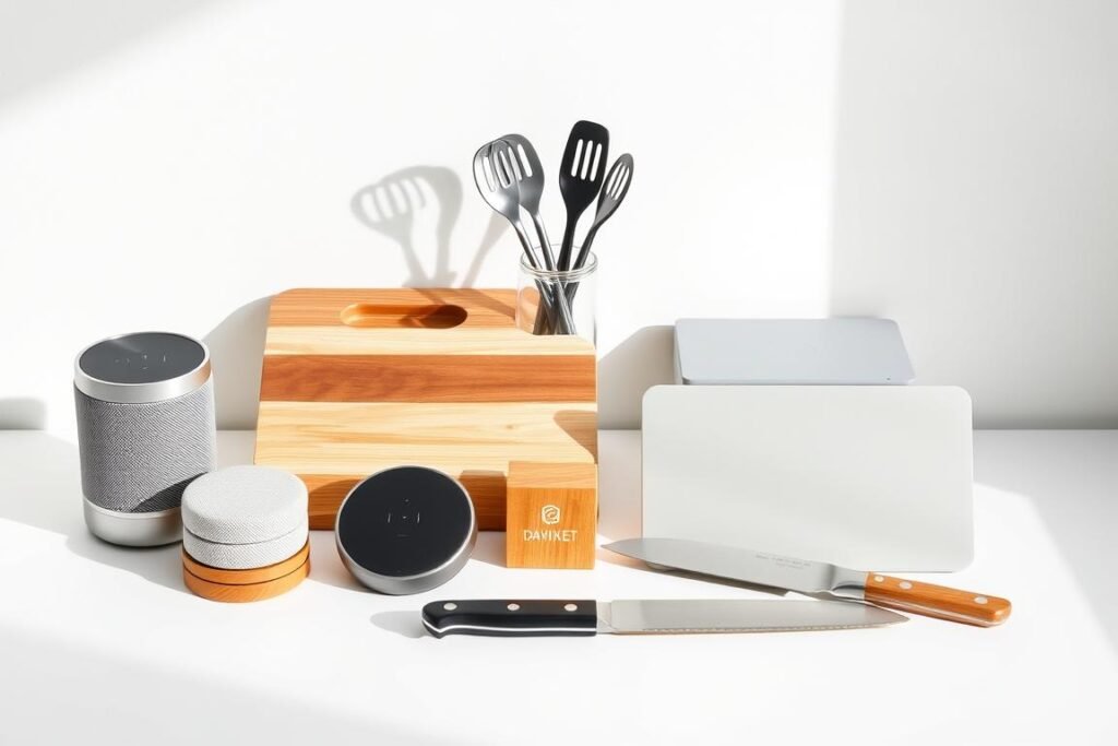 Collection of practical housewarming gifts including kitchen tools and smart home devices