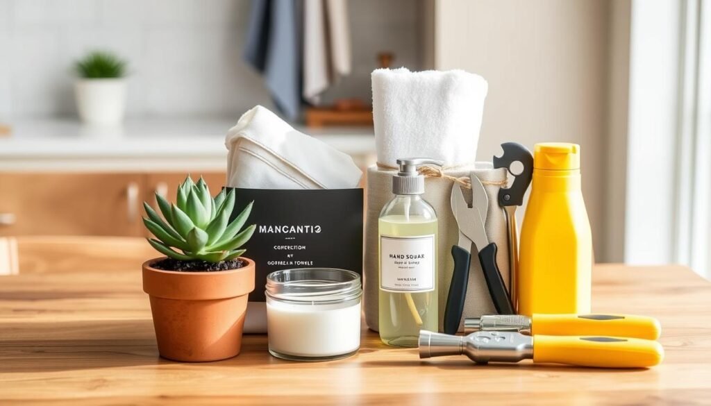 Collection of practical small gifts for neighbors arranged on a table