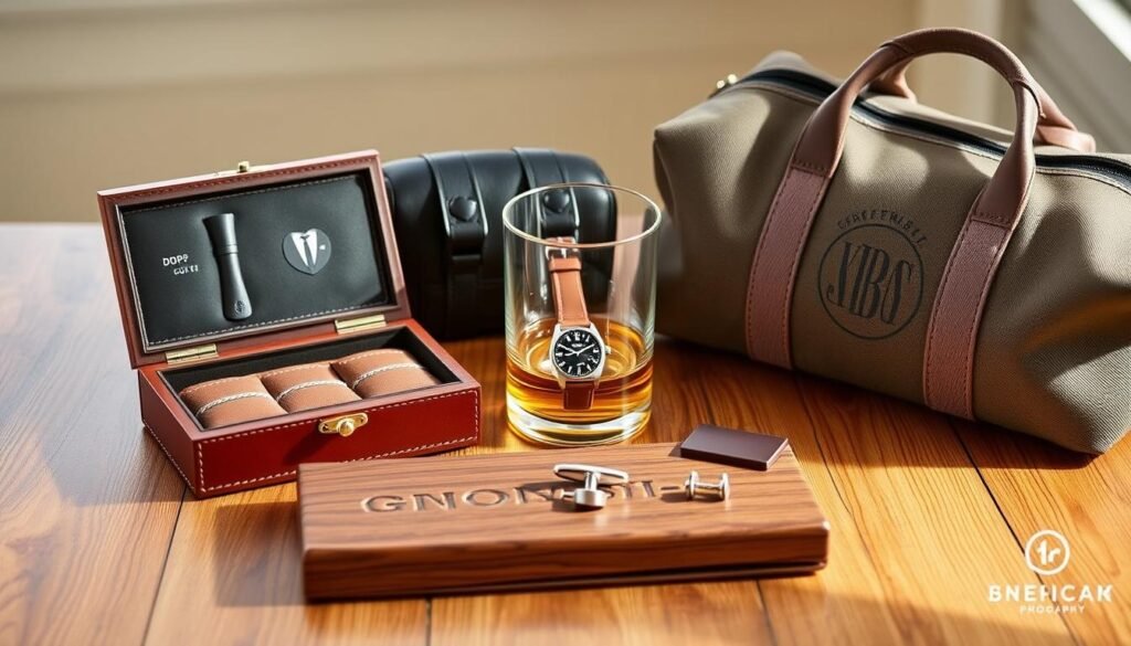 Collection of premium groomsmen gifts including personalized watch boxes, leather travel bags, and engraved accessories