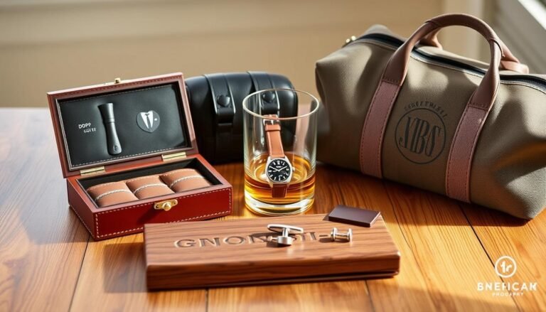Collection of premium groomsmen gifts including personalized watch boxes, leather travel bags, and engraved accessories