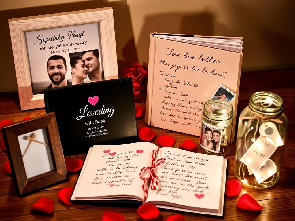 Collection of sentimental boyfriend anniversary gifts including photo frames and memory books