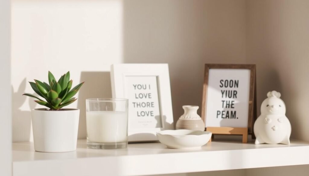 Collection of small home decor gifts arranged on a shelf