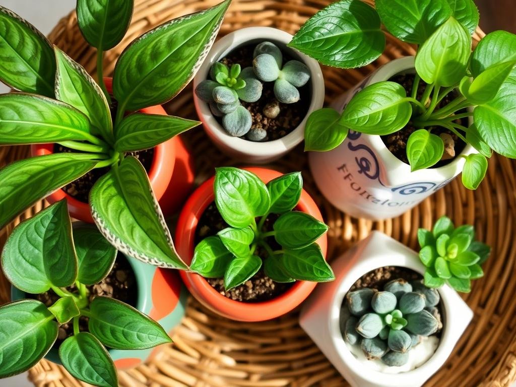 Collection of small indoor plants with decorative pots in a gift basket