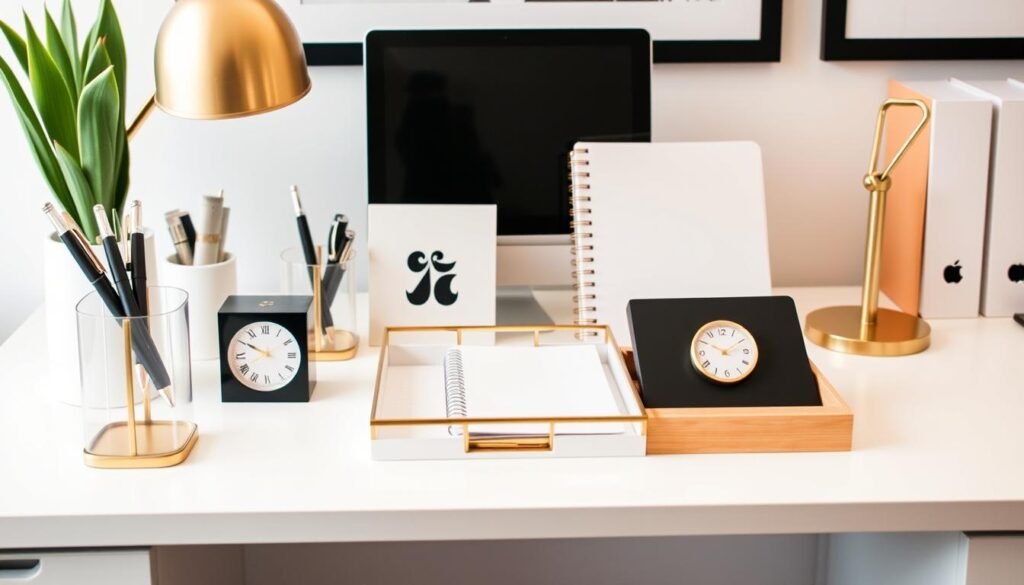Collection of stylish desk accessories including pen holders, notepads, and organizers