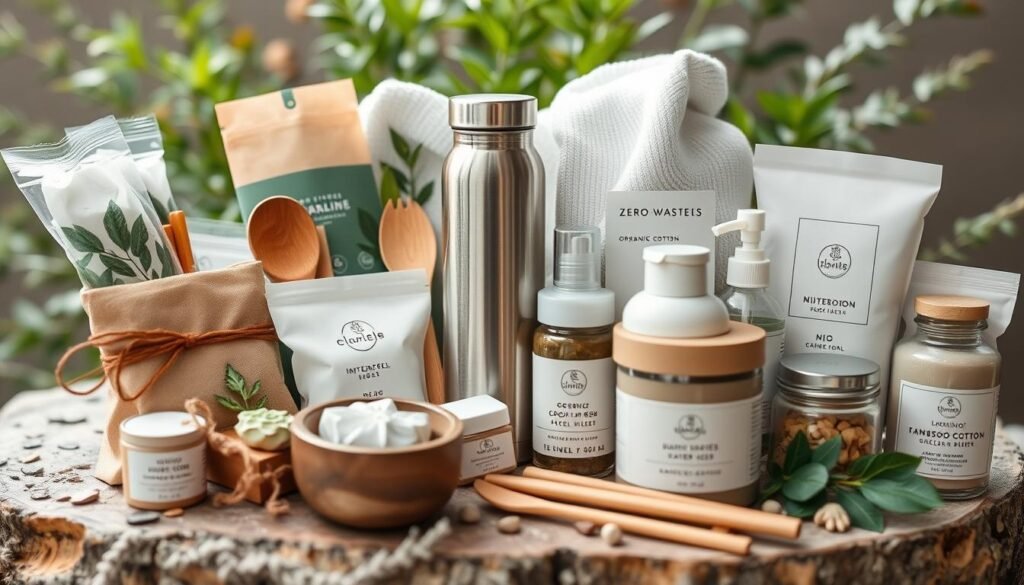 Collection of sustainable and eco-friendly gifts for millennials including reusable items and products with ethical packaging